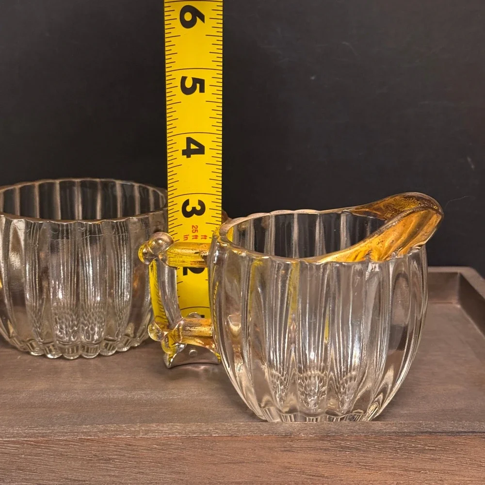 Vintage Jeannette Glass Creamer and Sugar Bowl Set Gold Trim Handles 